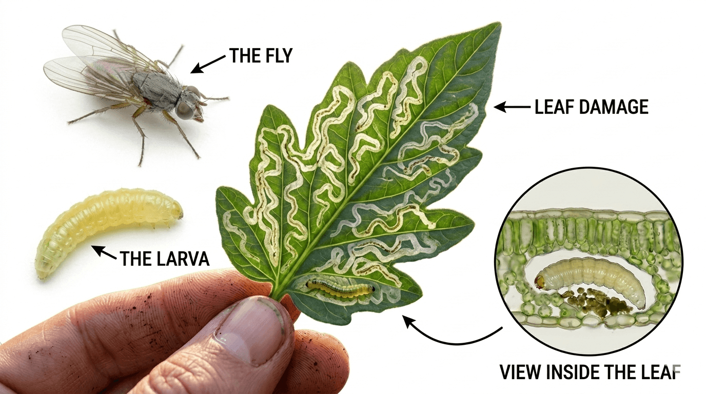 A comprehensive educational diagram in a 16:9 ratio against a plain white background, illustrating the anatomy and damage of the leaf miner pest. On the top left, an isolated, segmented yellow-green leaf miner larva is shown. Directly below it is an isolated adult grey leaf miner fly with detailed wings and fine legs. The center of the image features a complex green tomato leaf, held by a gardener’s soil-stained hand. The leaf is heavily covered in winding, silver-white serpentine mining tunnels, with multiple distinct larvae clearly visible within the mines across the surface. Simple black text labels point directly to the elements: 'THE LARVA' (at the isolated larva), 'THE FLY' (at the isolated fly), 'LEAF DAMAGE' (at the leaf itself). An additional 'VIEW INSIDE THE LEAF' label points to a circular macro inset on the lower right, which shows a detailed cross-section view inside a feeding chamber containing an active larva. The overall composition is a clean, authoritative identification resource.