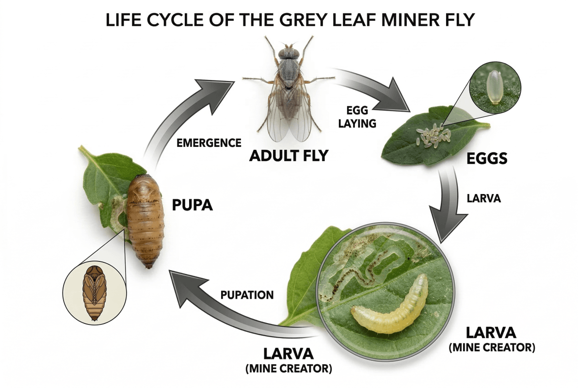 Complete life cycle diagram of grey leaf miner fly showing adult fly, egg laying, larva mining inside leaf, pupation, and emergence stages