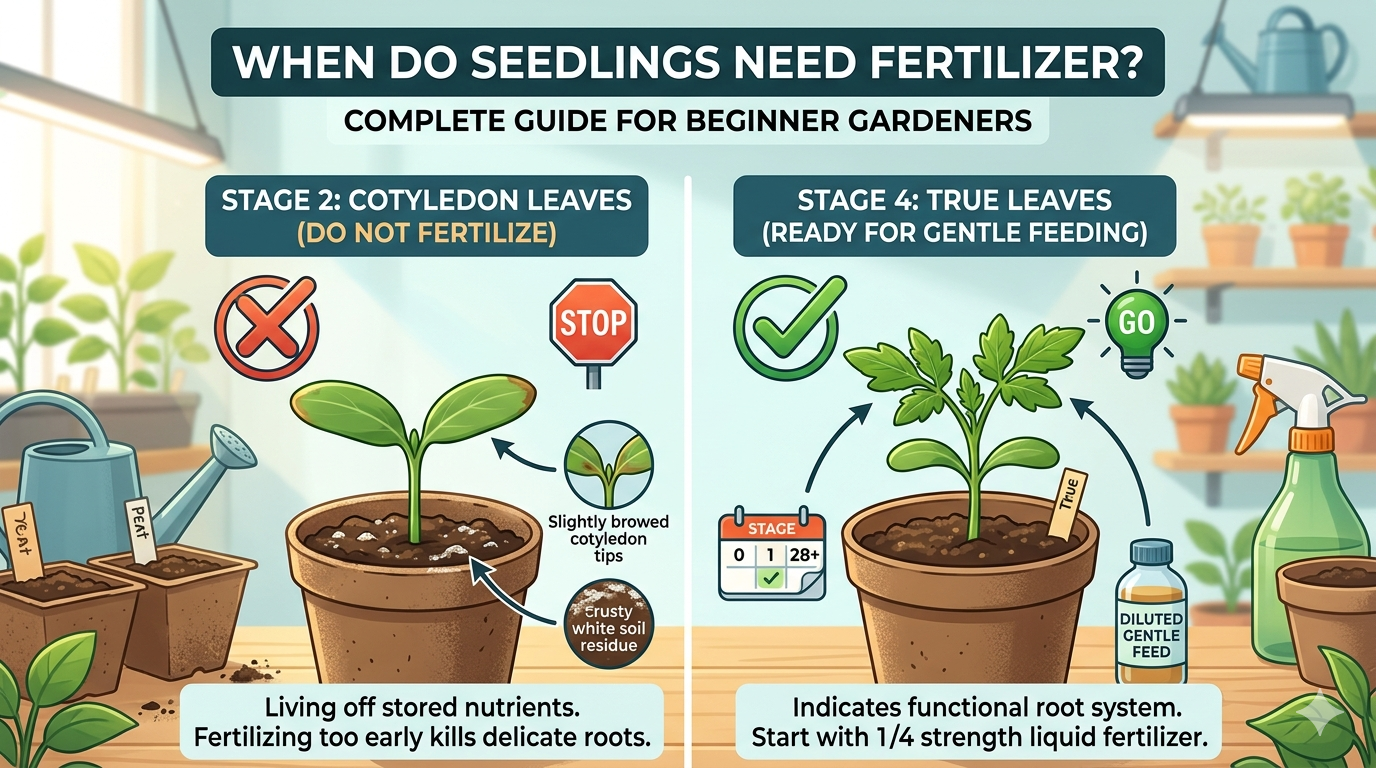 A split-screen infographic comparing a young seedling in the 'Cotyledon Leaves' stage (left, with a red STOP sign, warned against fertilizing) and a more mature seedling in the 'True Leaves' stage (right, with a green GO light, ready for diluted feeding). The left side details signs of over-fertilization like browned leaf tips and crusty soil, while the right side shows the correct leaf structure and timing for a functional root system and gentle feeding.