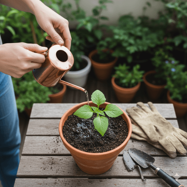 essential-gardening-tools-for-transplanting-seedlings, the final step. Immediately water the pot after seedling transplanting.