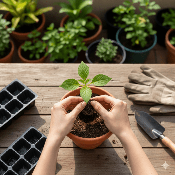 Six-step visual guide showing complete seedling planting process from soil preparation to final watering, Carefully remove the seedlings from pot / plug