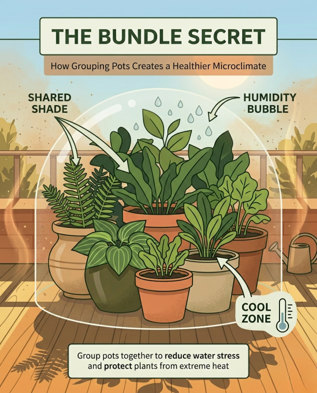 Infographic titled "The Bundle Secret" showing a cluster of potted plants on a sunlit terrace. Labels point to a protective "Humidity Bubble" surrounding the plants, "Shared Shade" among the leaves, and a "Cool Zone" near the soil, explaining how grouping pots reduces heat stress.
