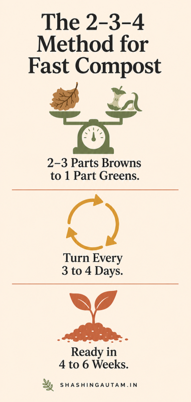 Vertical infographic showing compost. how to make compost faster at home — carbon to nitrogen ratio diagram ratio, turning cycle, and ready time