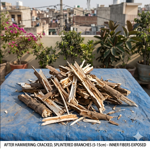 Before and after comparison of tree branches - intact branches on left, hammered and splintered branches on right showing increased surface area for composting