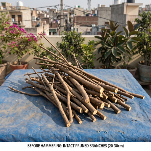 Before and after comparison of tree branches - intact branches on left, hammered and splintered branches on right showing increased surface area for composting