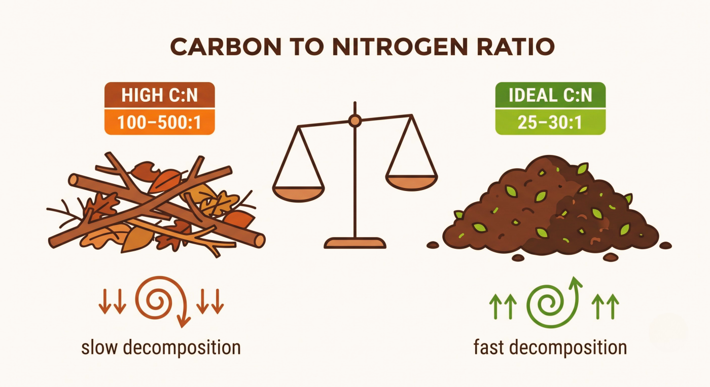 Diagram comparing high carbon-to-nitrogen ratio in branches (100-500:1) versus ideal balanced ratio (25-30:1) for fast composting