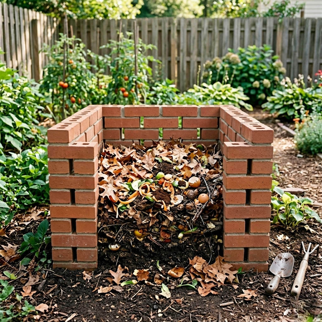 DIY Stacked-Brick Compost Bin for Home Gardens. how to make compost faster at home — carbon to nitrogen ratio layers