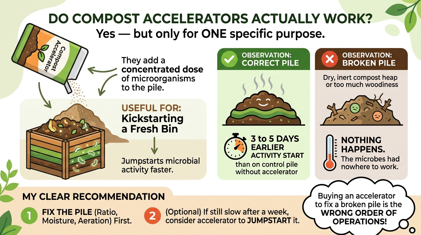 An infographic explaining when to use compost accelerators. It compares an accelerator's effects on a "Correct Pile" (where it speeds up activity by 3 to 5 days) versus a "Broken Pile" (where it has no effect).