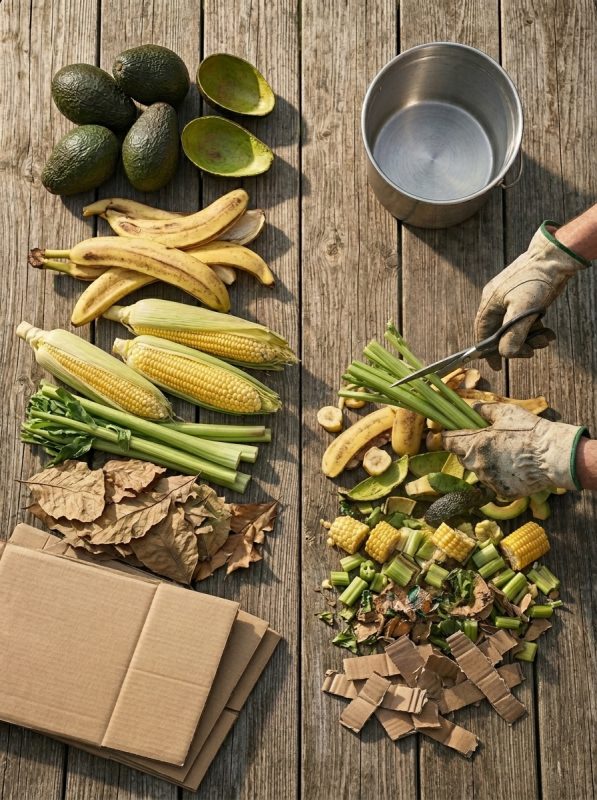 A gardener in gloves and apron cuts cardboard with scissors at a wooden table. The table features whole produce like avocados and corn on one side, and chopped produce, torn cardboard, and greens on the other.