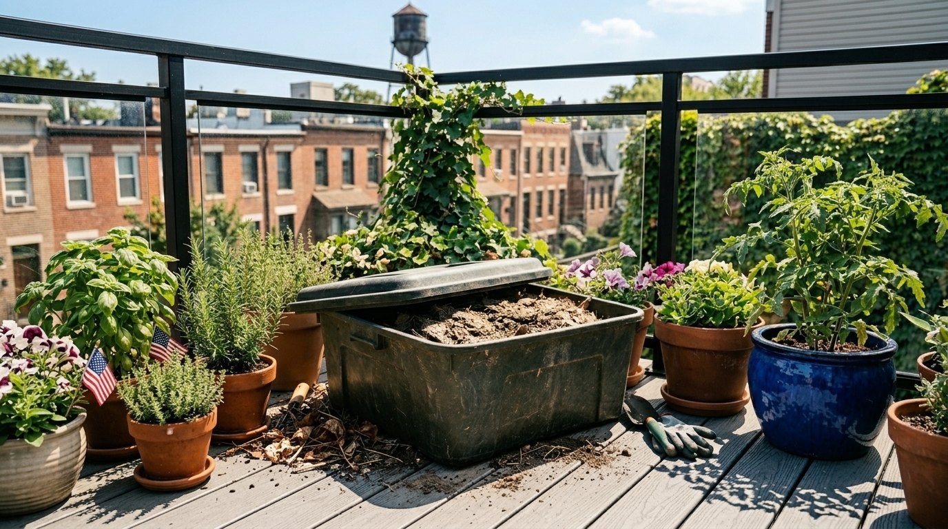 Compost bin with dry material in harsh sunlight on a balcony garden