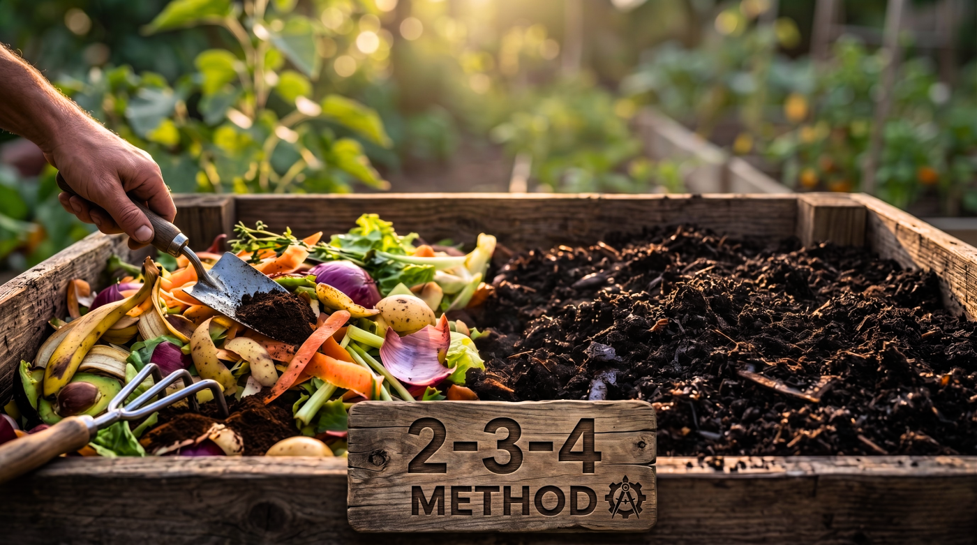 A close-up photograph of a hand with a trowel in a split wooden compost bin, transitioning from fresh kitchen scraps on the left to dark soil on the right. A wooden plaque at the front reads "2-3-4 METHOD".