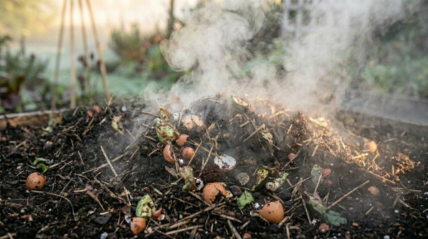 An actively steaming compost pile with eggshells and avocado rinds in a garden bed. how to make compost faster at home — keep carbon to nitrogen ratio perfect
