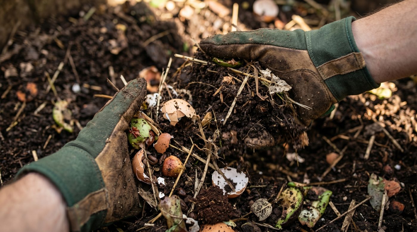 A close-up of a split wooden compost bin showing fresh food waste and rich finished soil,