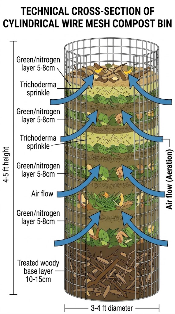 Cross-section diagram of cylindrical wire mesh compost bin showing layering system - woody base, green nitrogen layer, Trichoderma, with aeration arrows