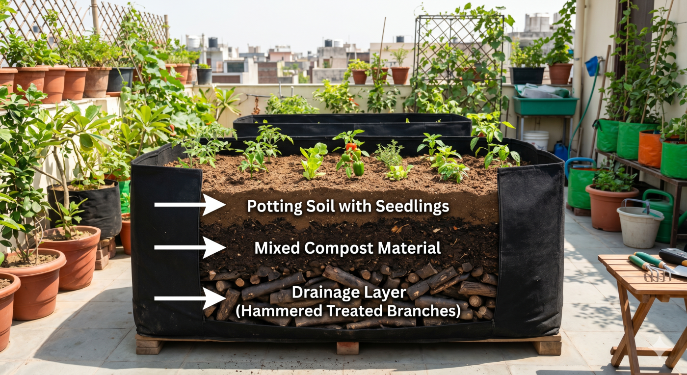 Cross-section view of grow bag showing three layers - treated branches at base for drainage, compost middle layer, and potting soil on top with growing plants